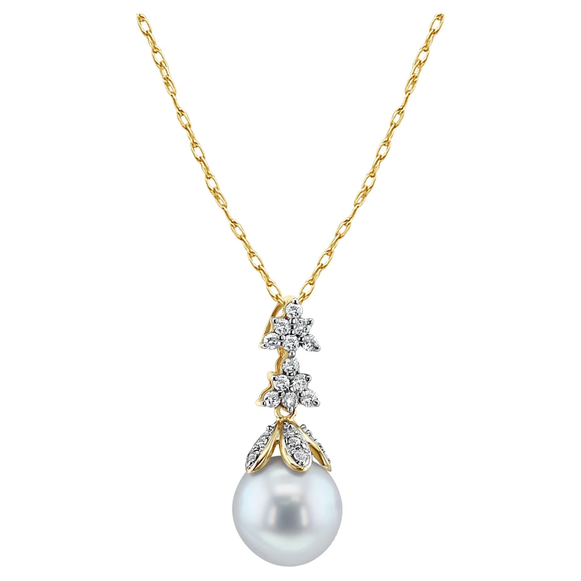10mm Dangling Pearl Necklace with Diamond Accents .25cttw 14k Yellow Gold For Sale