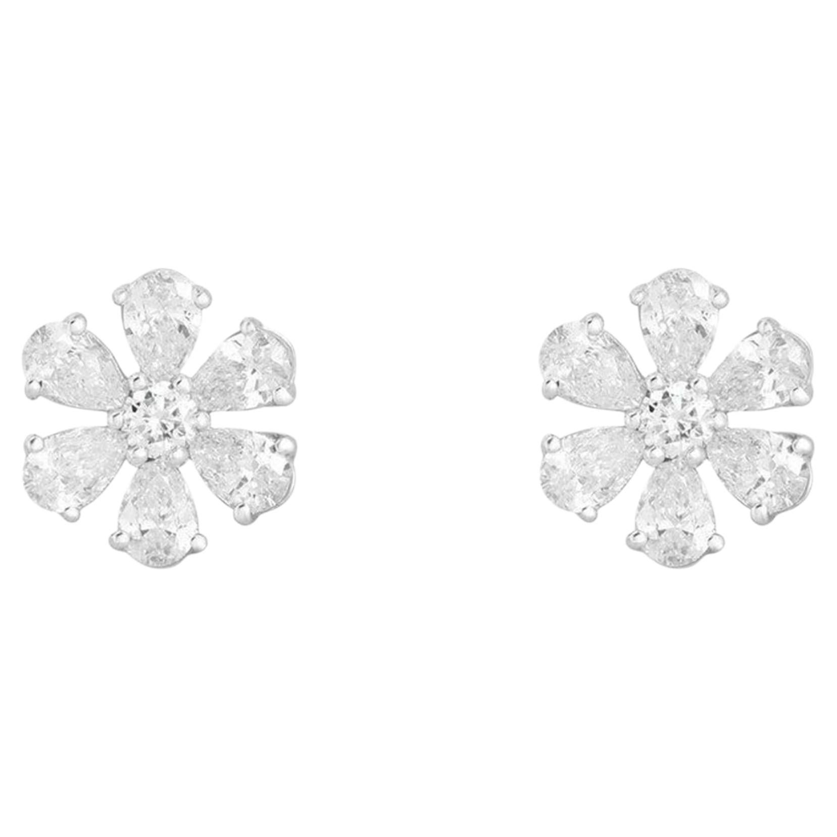0.17ct Diamond 10mm Flower 14K White Gold Stud Earrings For Sale