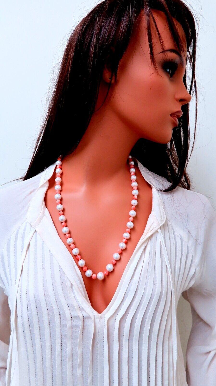 Uncut 10mm freshwater Pearl Coral necklace 14kt Gold For Sale