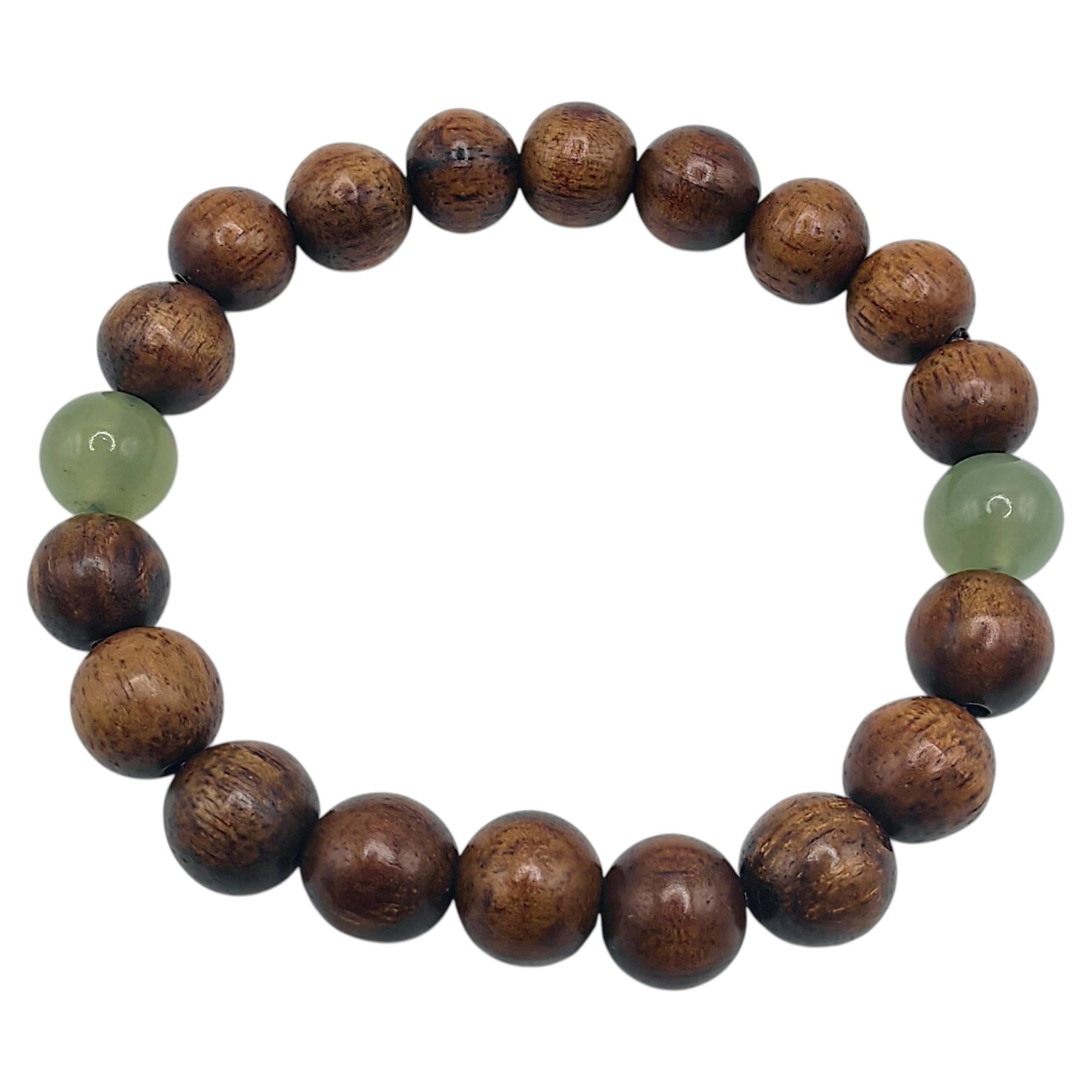 Pulsera de cuentas de madera de agar de Kalimantan de 10 mm y jade serpentina verde claro natural