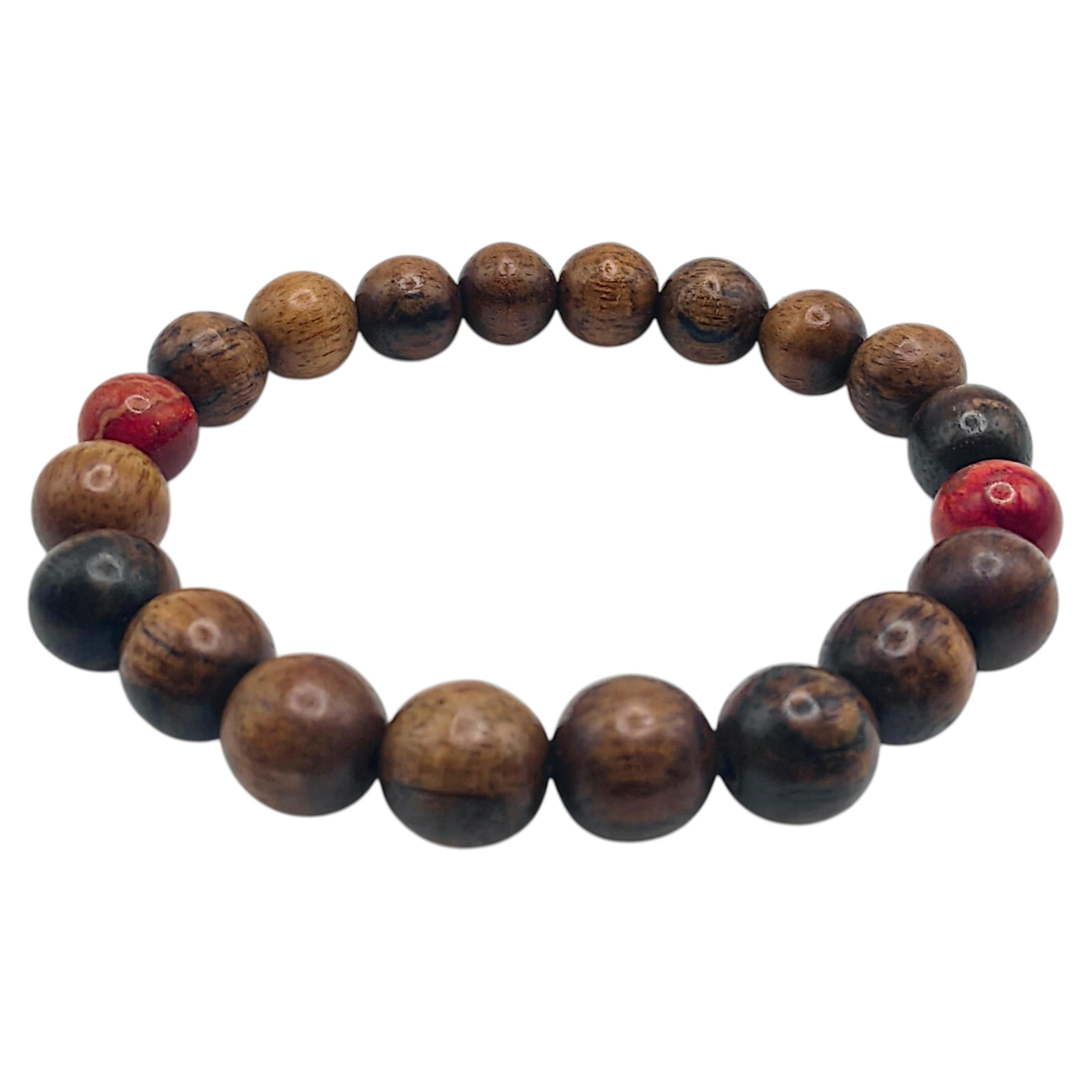 Pulsera de cuentas de madera de agar de Kalimantan de 10 mm y coral rojo en venta