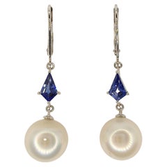 10mm Natural Pearl & Kite Cut Blue Sapphire Dangling Earrings in 18K White Gold