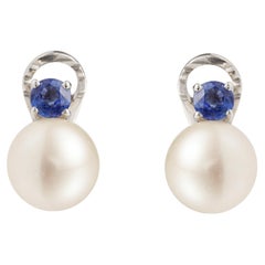 Pearls Sapphires 18 Carats White Gold Clips Earrings