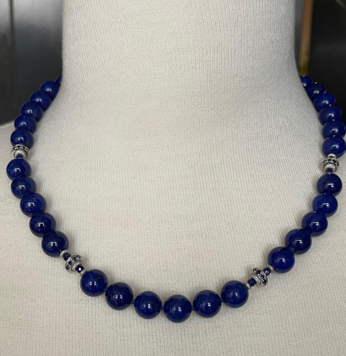 10mm Round Lapis Lazuli, Faceted Sapphire Bead & White Gold Necklace, 19 Inches For Sale 2