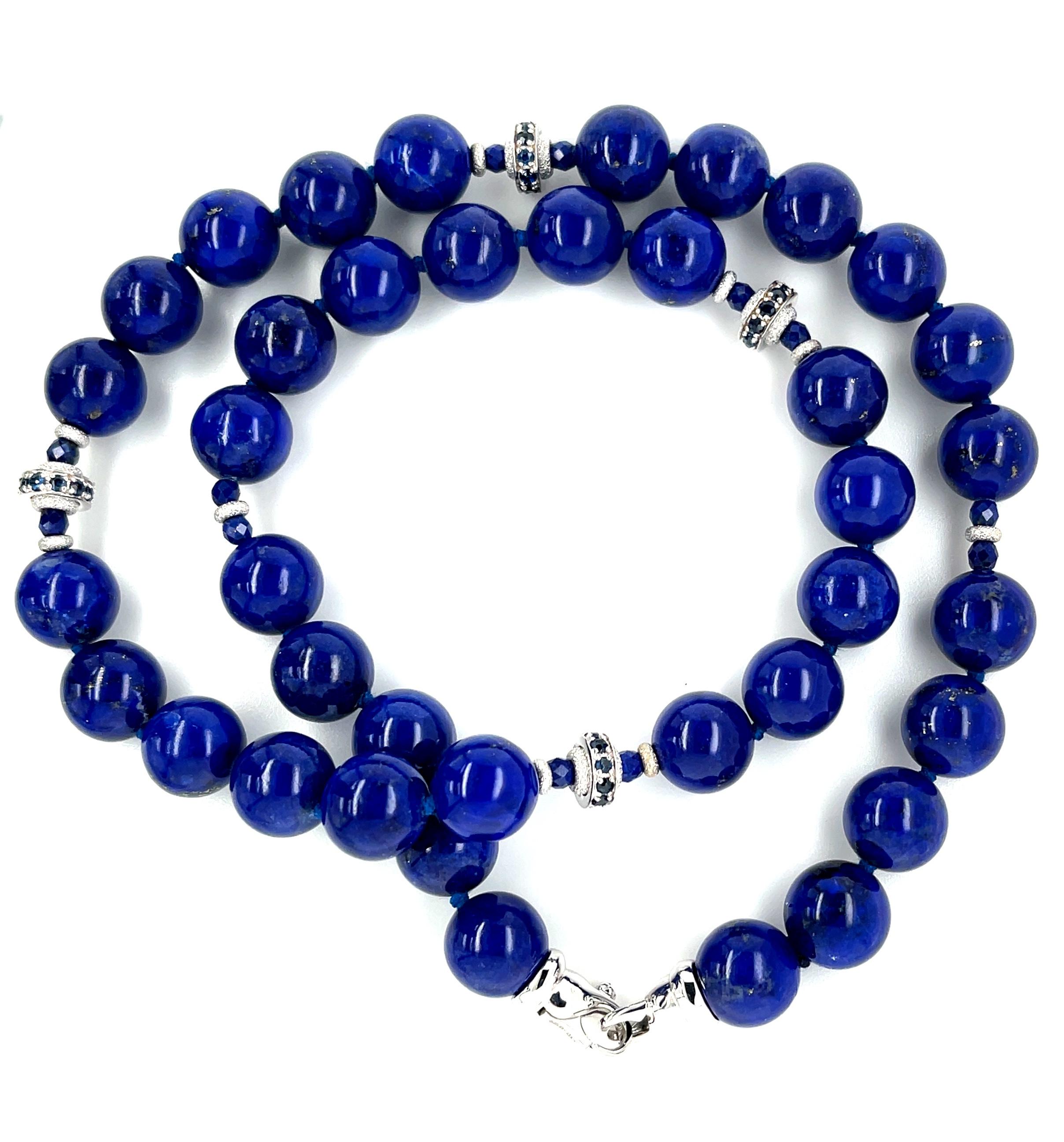 Artisan 10mm Round Lapis Lazuli, Faceted Sapphire Bead & White Gold Necklace, 19 Inches For Sale