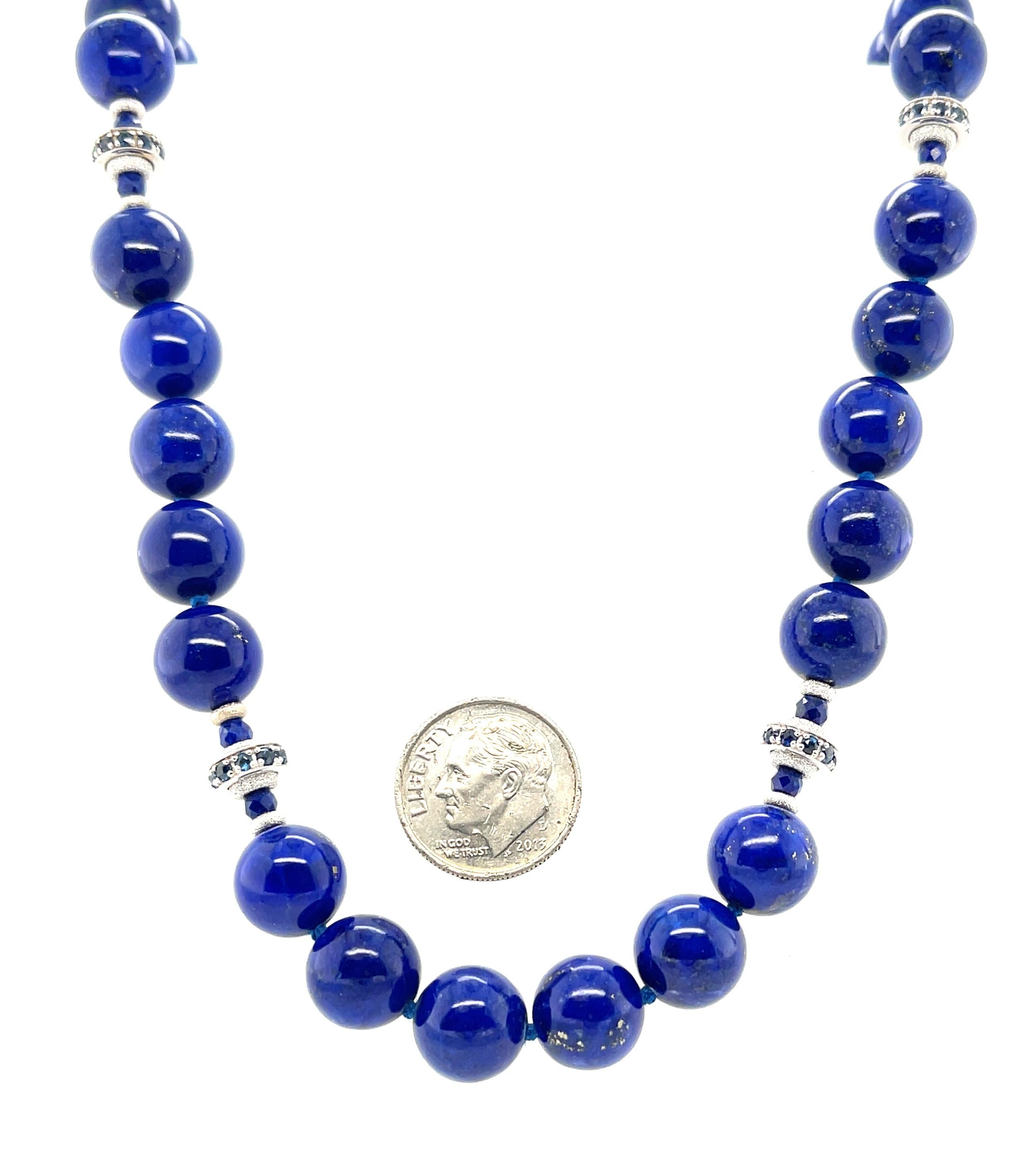 10mm Round Lapis Lazuli, Faceted Sapphire Bead & White Gold Necklace, 19 Inches In New Condition For Sale In Los Angeles, CA