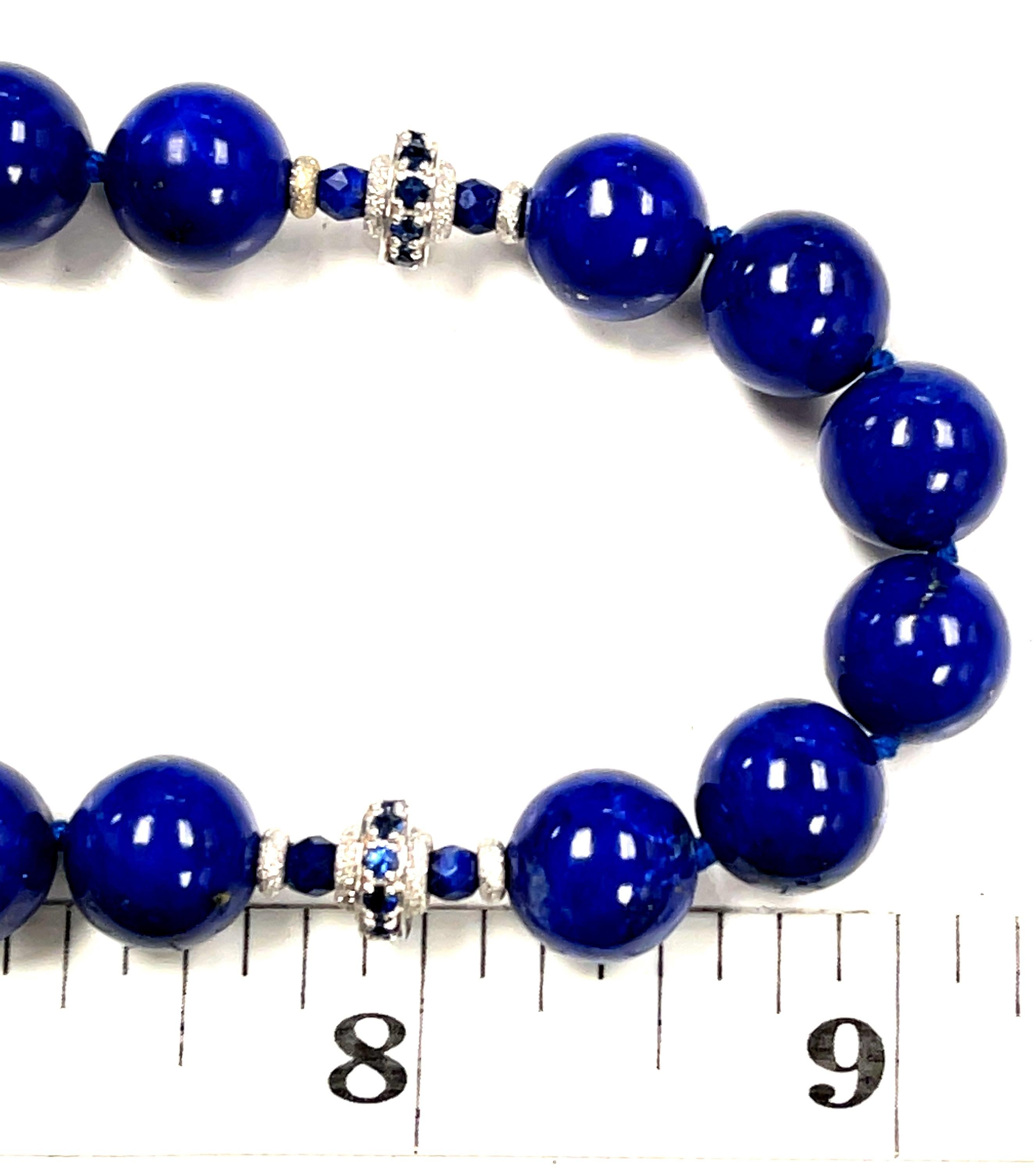 Women's or Men's 10mm Round Lapis Lazuli, Faceted Sapphire Bead & White Gold Necklace, 19 Inches For Sale