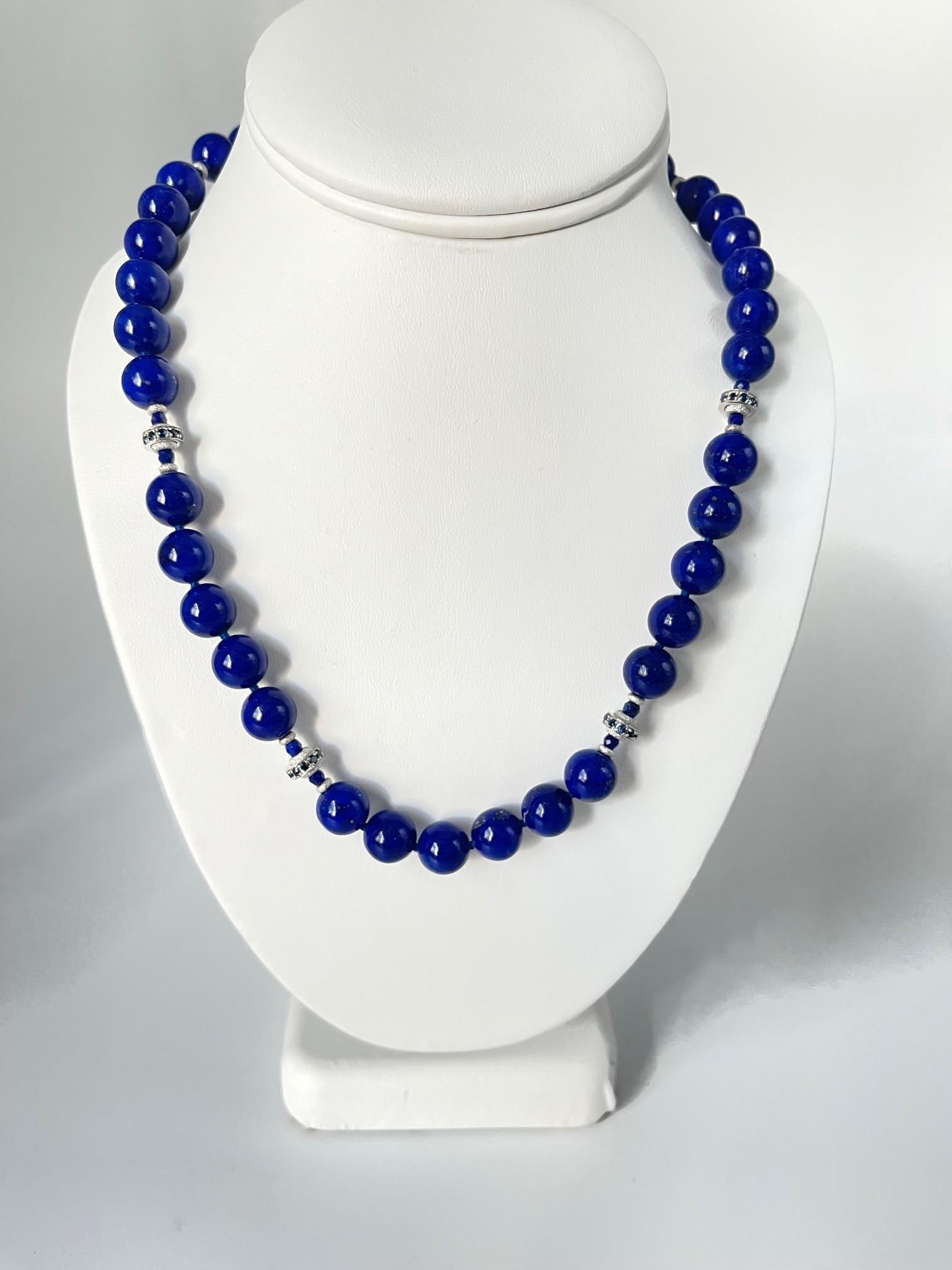 10mm Round Lapis Lazuli, Faceted Sapphire Bead & White Gold Necklace, 19 Inches For Sale 1