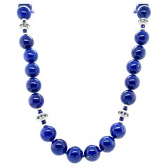 10mm Round Lapis Lazuli, Faceted Sapphire Bead & White Gold Necklace, 19 Inches
