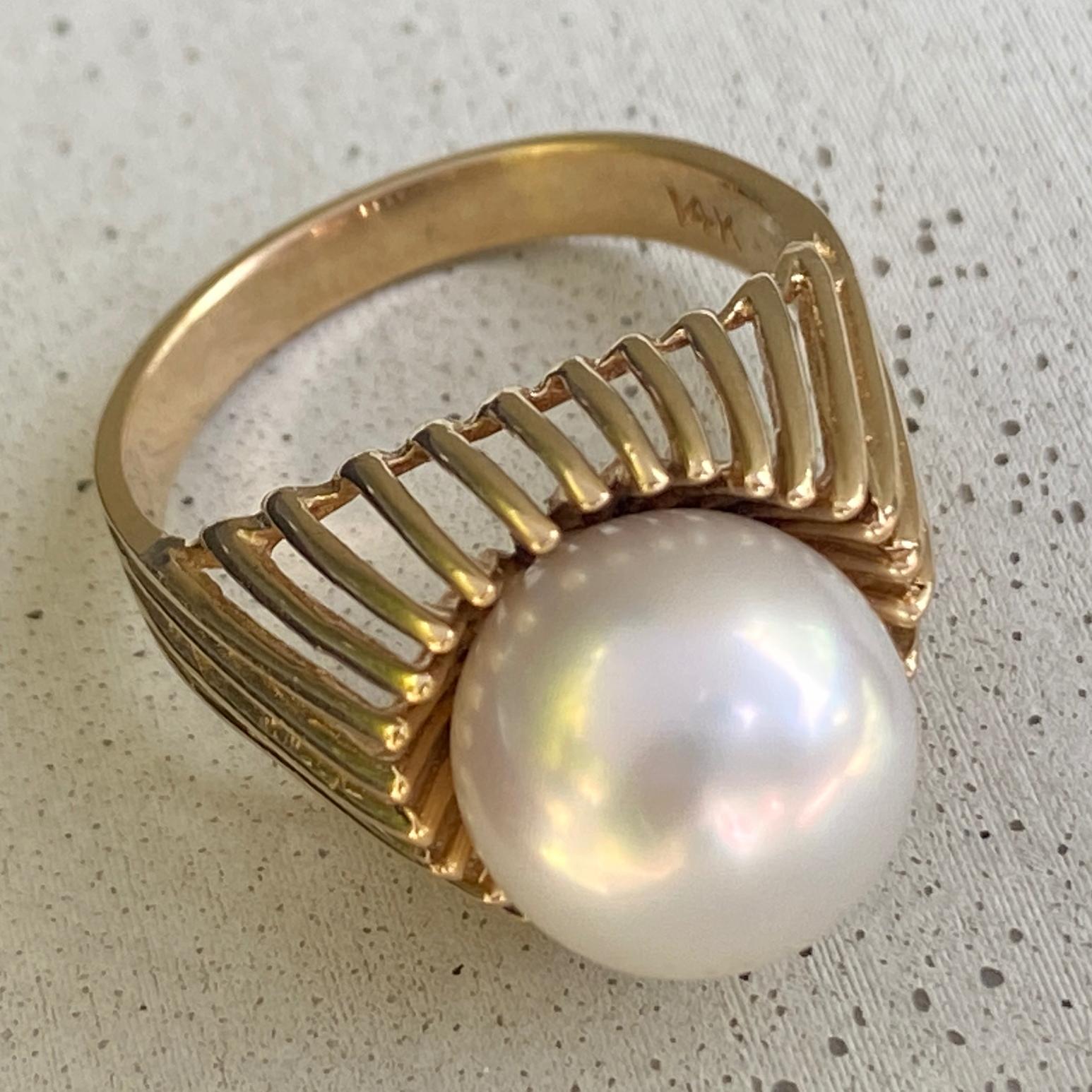 Women's or Men's South Sea Pearl Cocktail Ring with Raised Cage Setting in Yellow Gold