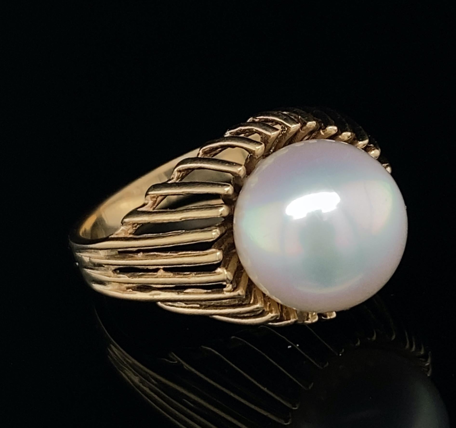 Modernist South Sea Pearl Cocktail Ring with Raised Cage Setting in Yellow Gold