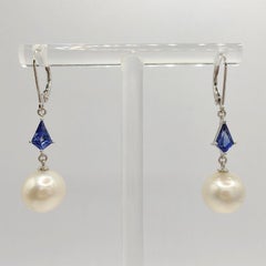 10mm Cultured Pearl & Kite Cut Blue Sapphire Dangling Earrings in 18K White Gold