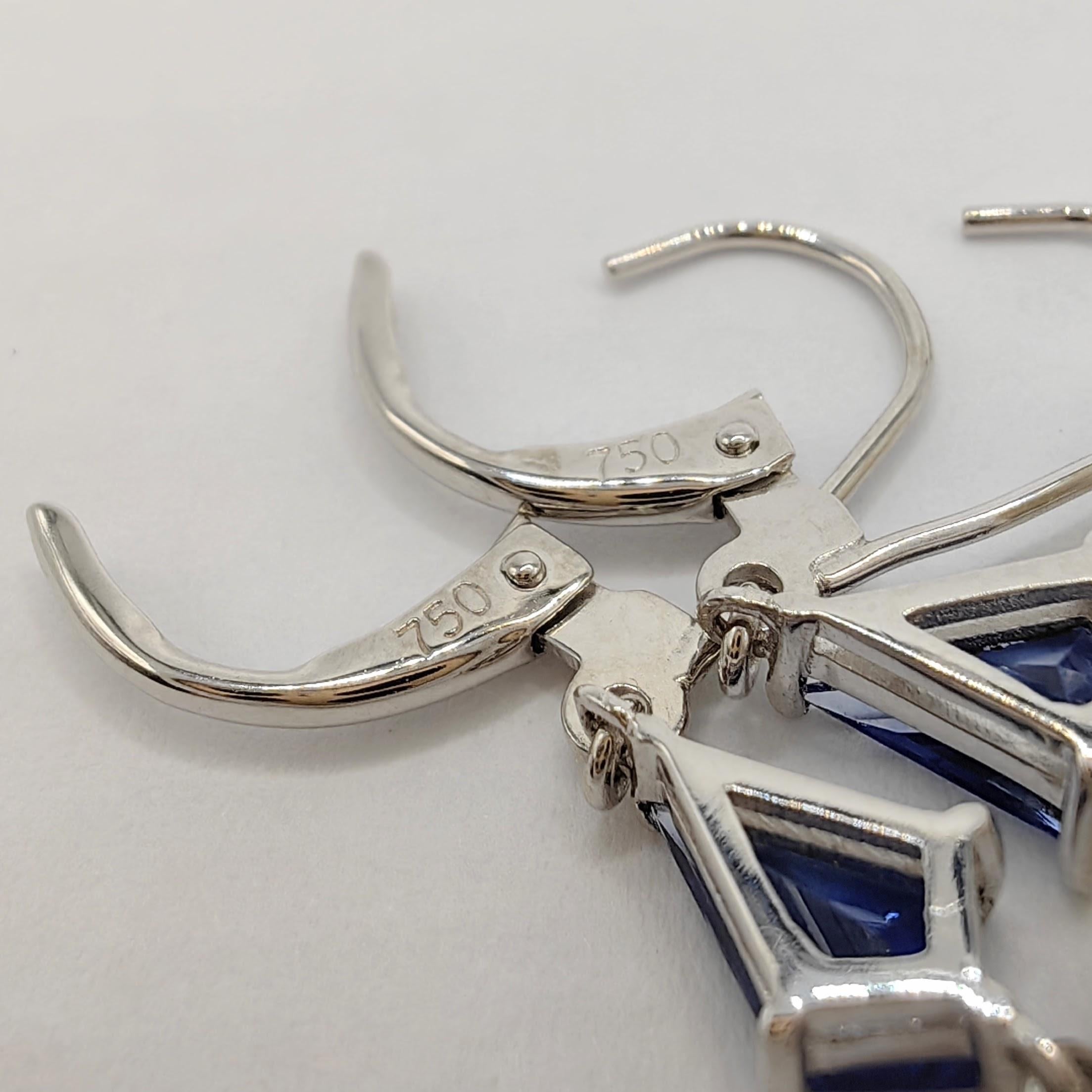 10mm Natural Pearl & Kite Cut Blue Sapphire Dangling Earrings in 18K White Gold For Sale 3