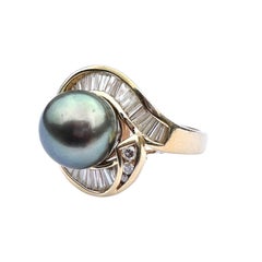 10mm Tahitian Black Pearl & 1.50ct Diamond Ballerina Swirl Cocktail Ring 18kt