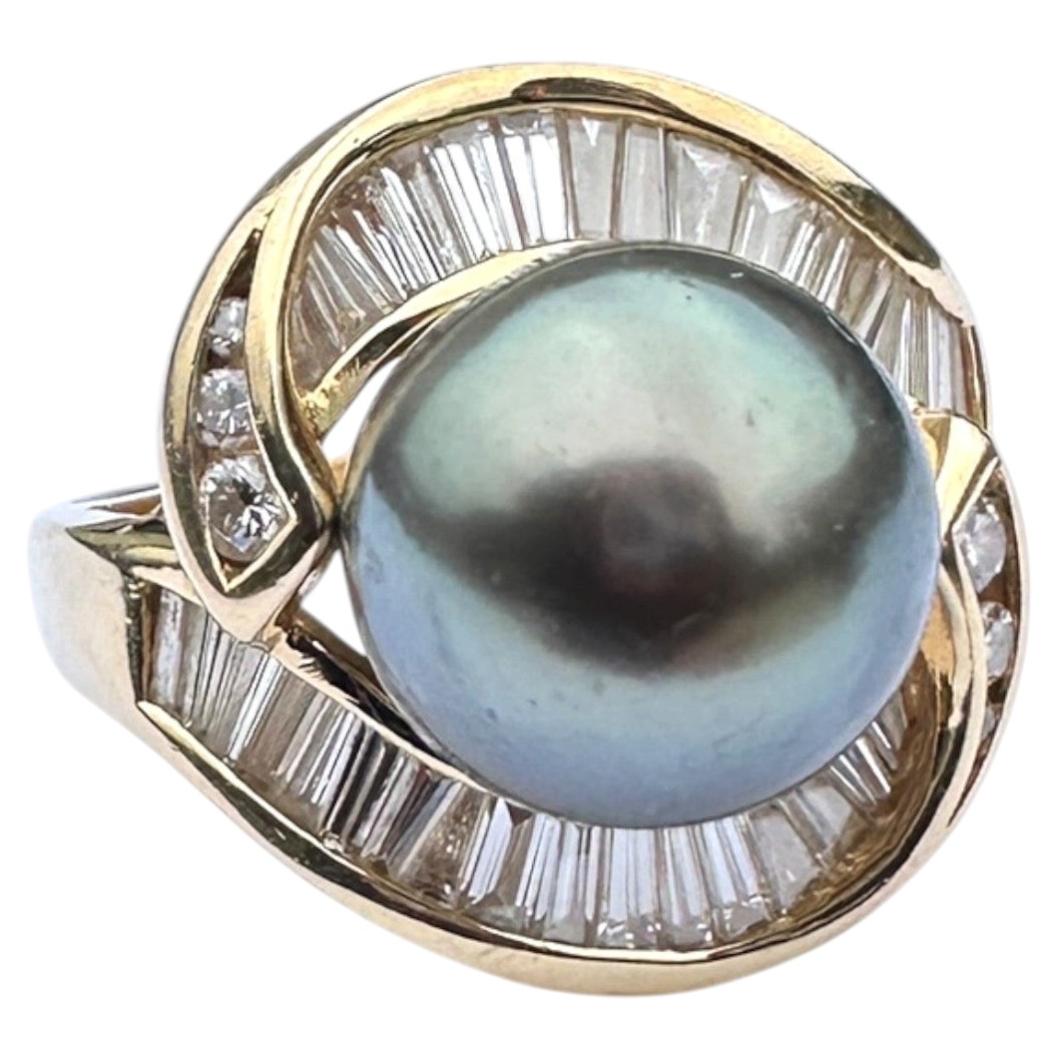 10mm Tahitian Black Pearl & 1.50ct Diamond Ballerina Swirl Cocktail Ring 18kt