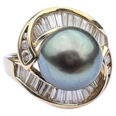 10mm Tahitian Black Pearl & 1.50ct Diamond Ballerina Swirl Cocktail Ring 18kt