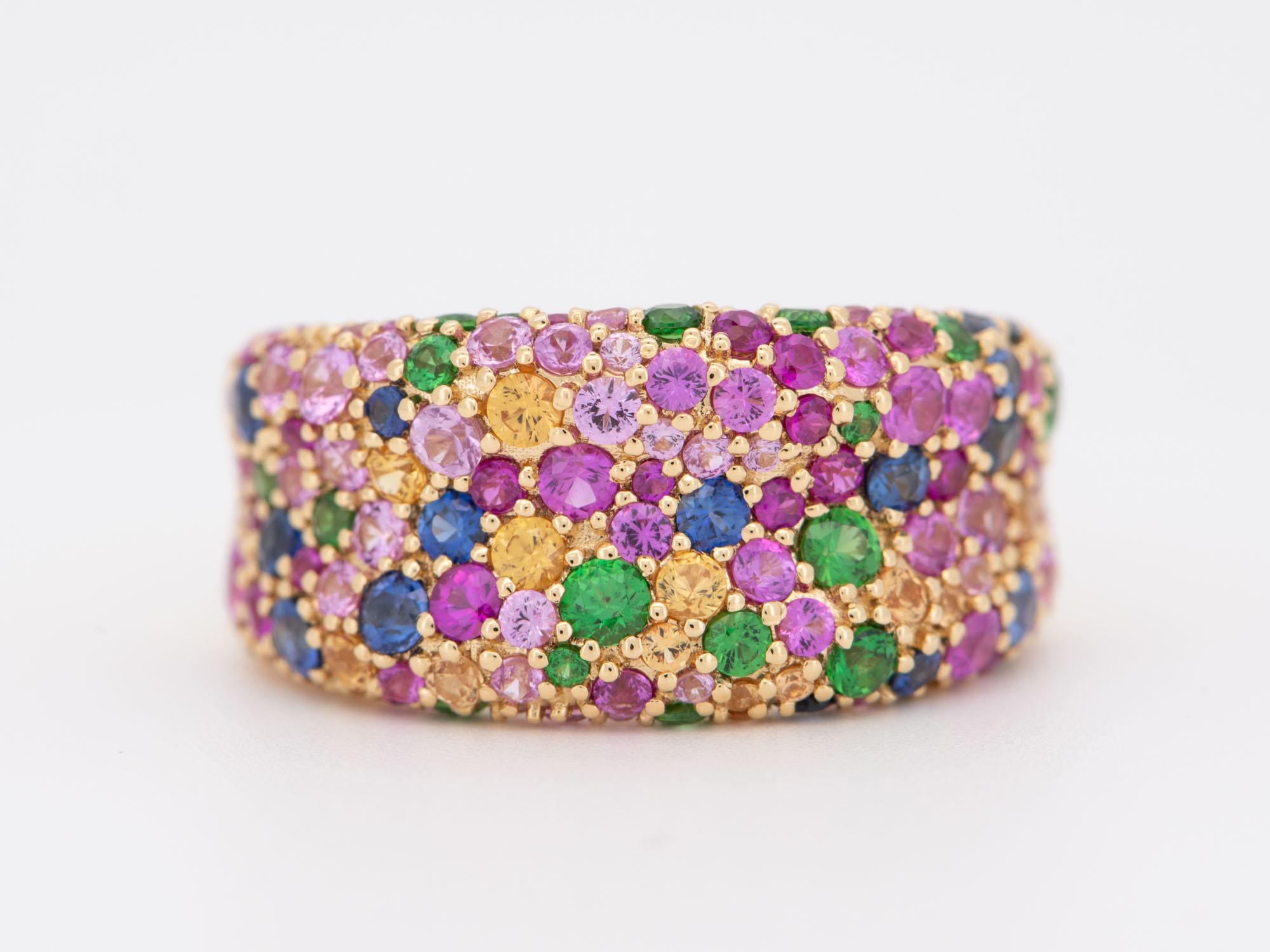 ♥ 10mm Wide Mixed Bright Gemstone Pave Chunky Band 18K Gold 
♥ The item measures 10mm in length, 20mm in width, and 4mm in thickness. Band width is 5.8mm.

♥ Ring size: US Size 6 (Free resizing up or down 1 size)
♥ Material: 18K Gold, size 6 weighs