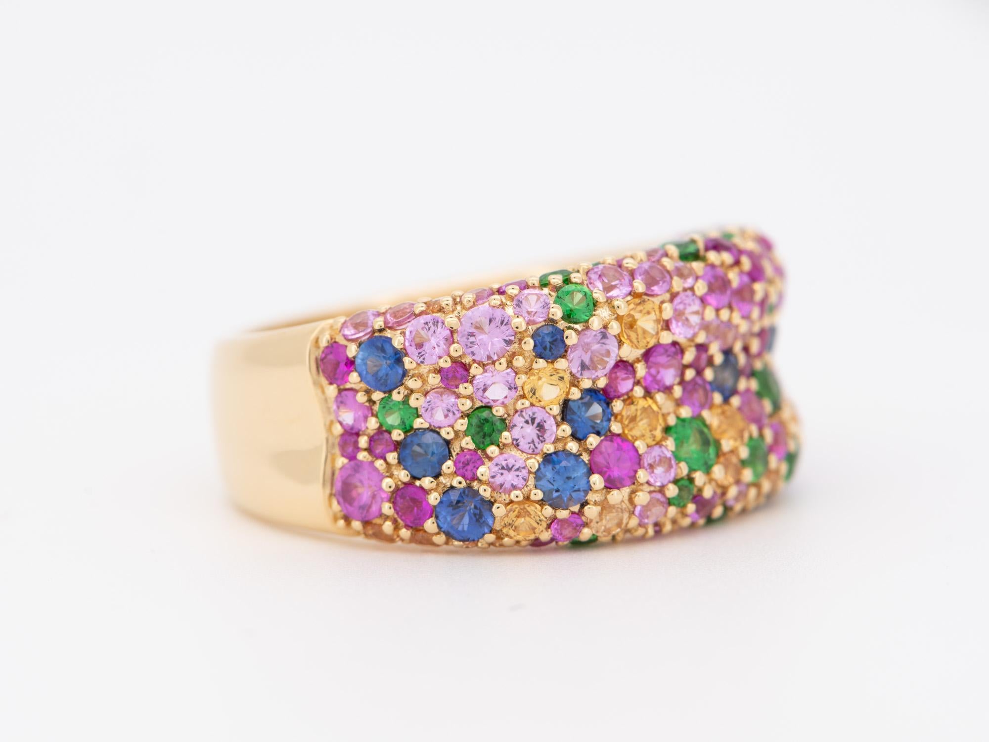 Uncut 10mm Wide Mixed Bright Gemstone Pave Chunky Band 18K Gold ~8g R5074 For Sale