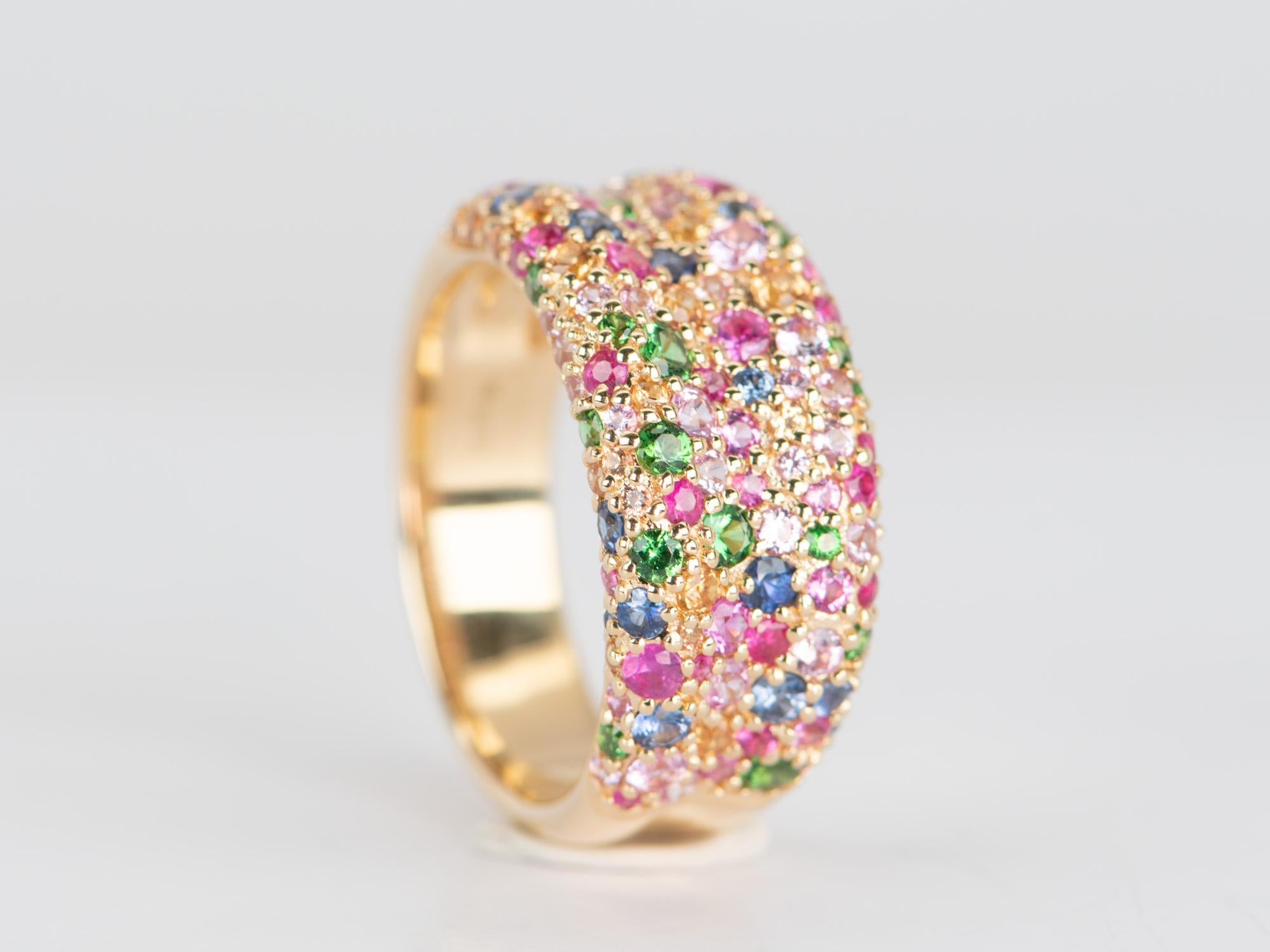 10mm Wide Mixed Bright Gemstone Pave Chunky Band 18K Gold ~8g R5074 In New Condition For Sale In Osprey, FL