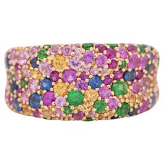 10mm Wide Mixed Bright Gemstone Pave Chunky Band 18K Gold ~8g R5074