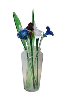 10pc Italian Murano Art Glass Long Stem Flower Bouquet Leaves & Vase 23"