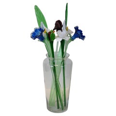10pc Italian Murano Art Glass Long Stem Flower Bouquet Leaves & Vase 23"