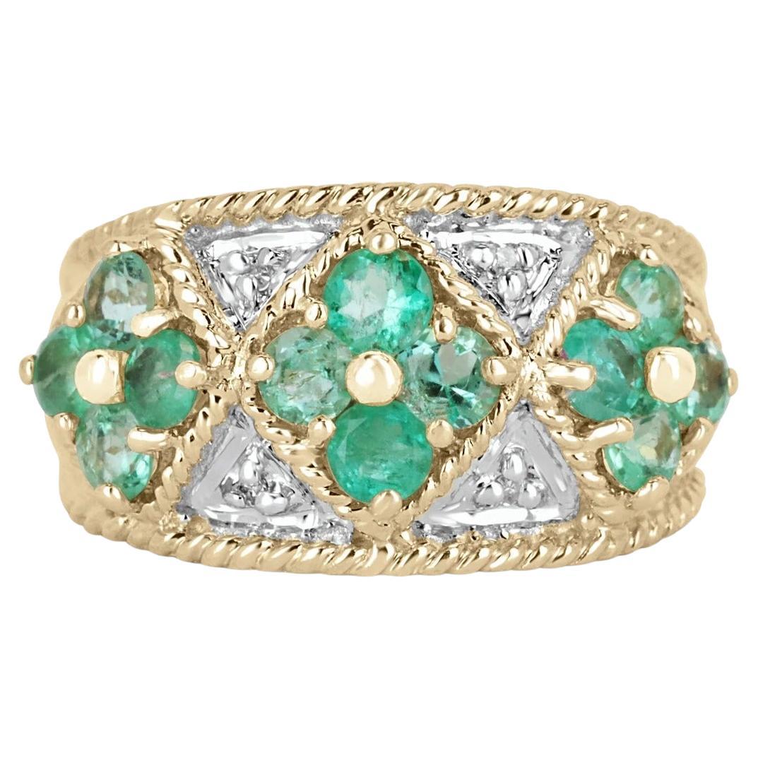 1.0tcw 14K Colombian Emerald-Round Cut & Diamond Band Cluster Gold Ring