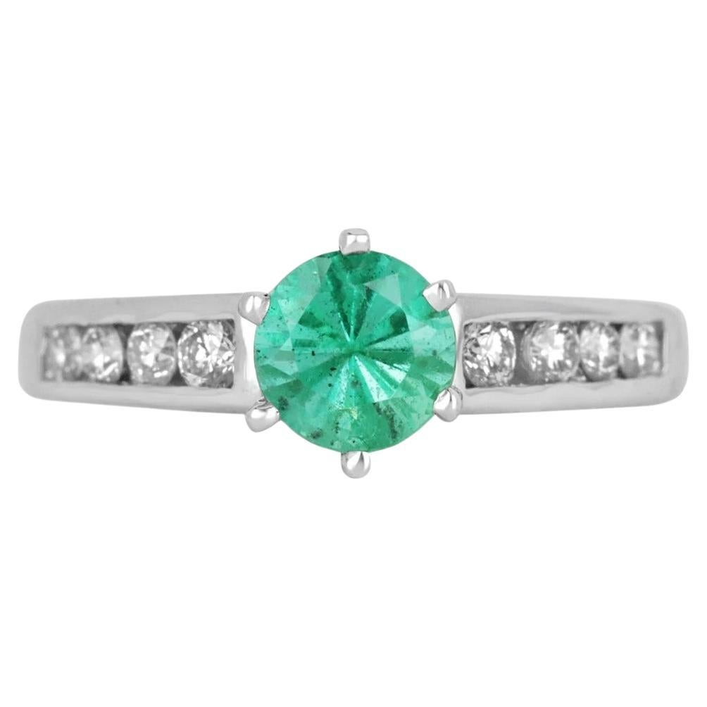 1.0tcw 14K Colombian Emerald-Round Cut & Diamond Engagement Gold Ring For Sale