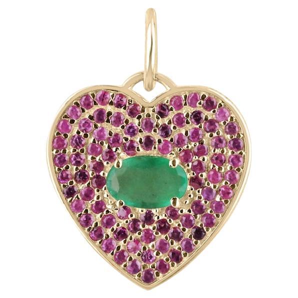 Ciondolo a cuore con smeraldo e zaffiro rosa da 1,0tcw 14K - Collana con gemme verdi dal taglio ovale in vendita