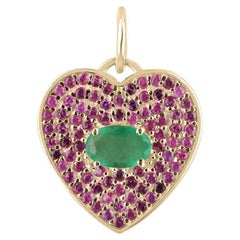 1.0tcw 14K Emerald & Pink Sapphire Heart Pendant - Oval Cut Green Gem Necklace