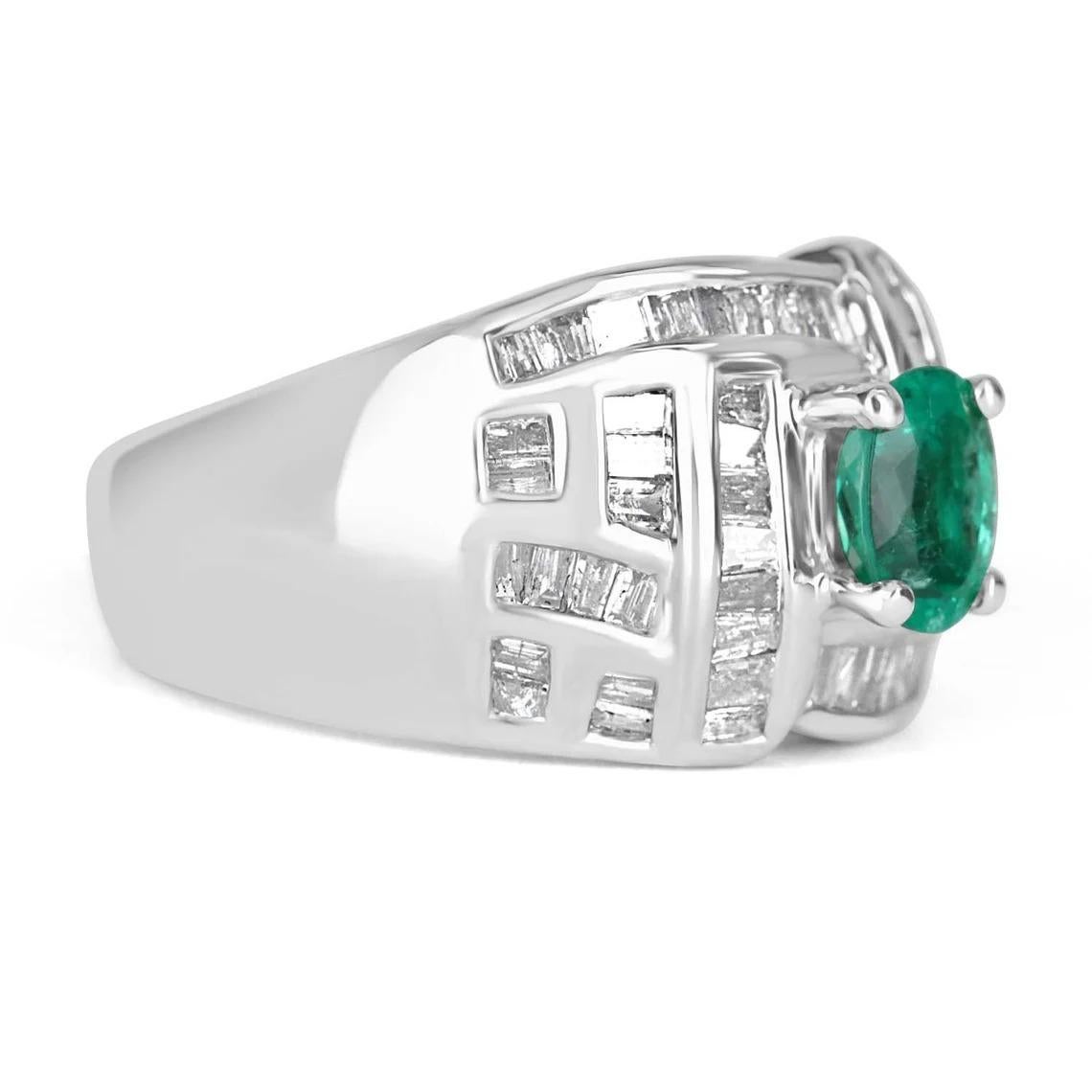 A one-of-a-kind, oval emerald and diamond statement cluster ring. The center stone features a stunning AAA-quality oval cut emerald. Showcasing a vivacious, desirable green color with excellent luster. Surrounding this gorgeous stone are petite,