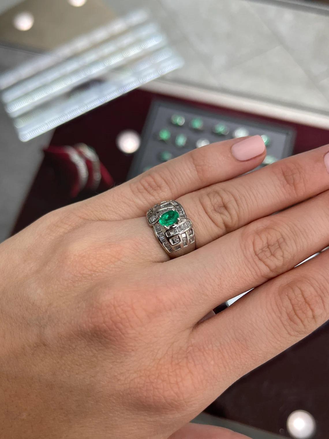 1.0tcw 18K Colombian Emerald-Oval Cut & Diamond Baguette Cocktail Gold Ring In New Condition For Sale In Jupiter, FL