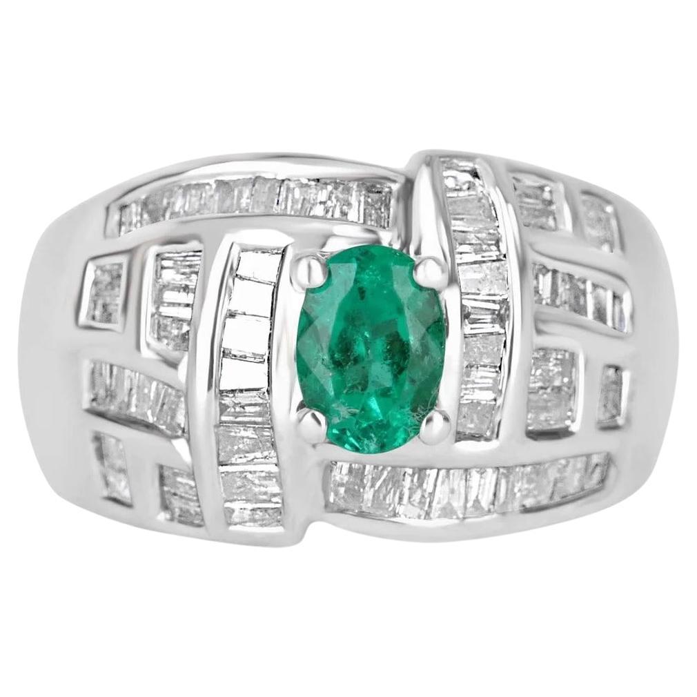 1.0tcw 18K Colombian Emerald-Oval Cut & Diamond Baguette Cocktail Gold Ring