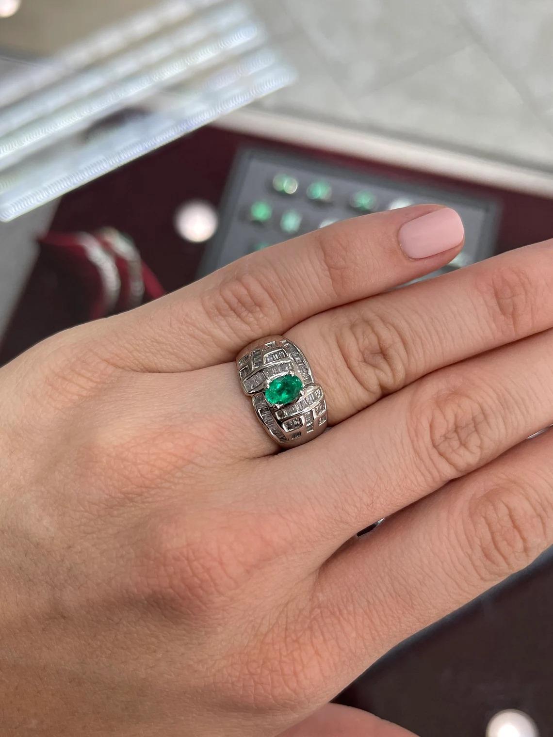 Art Deco 1.0tcw 18K Colombian Emerald-Oval Cut & Diamond Baguette Cocktail Ring For Sale