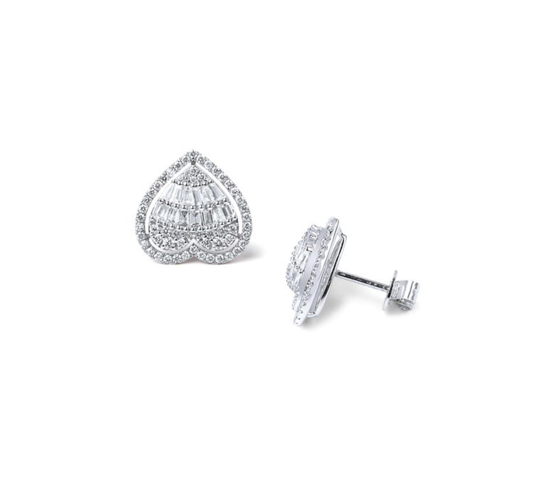 1.0TCW Baguette Diamond Halo Stud Earrings in 18K White Gold — Art Deco Elegance For Sale 1