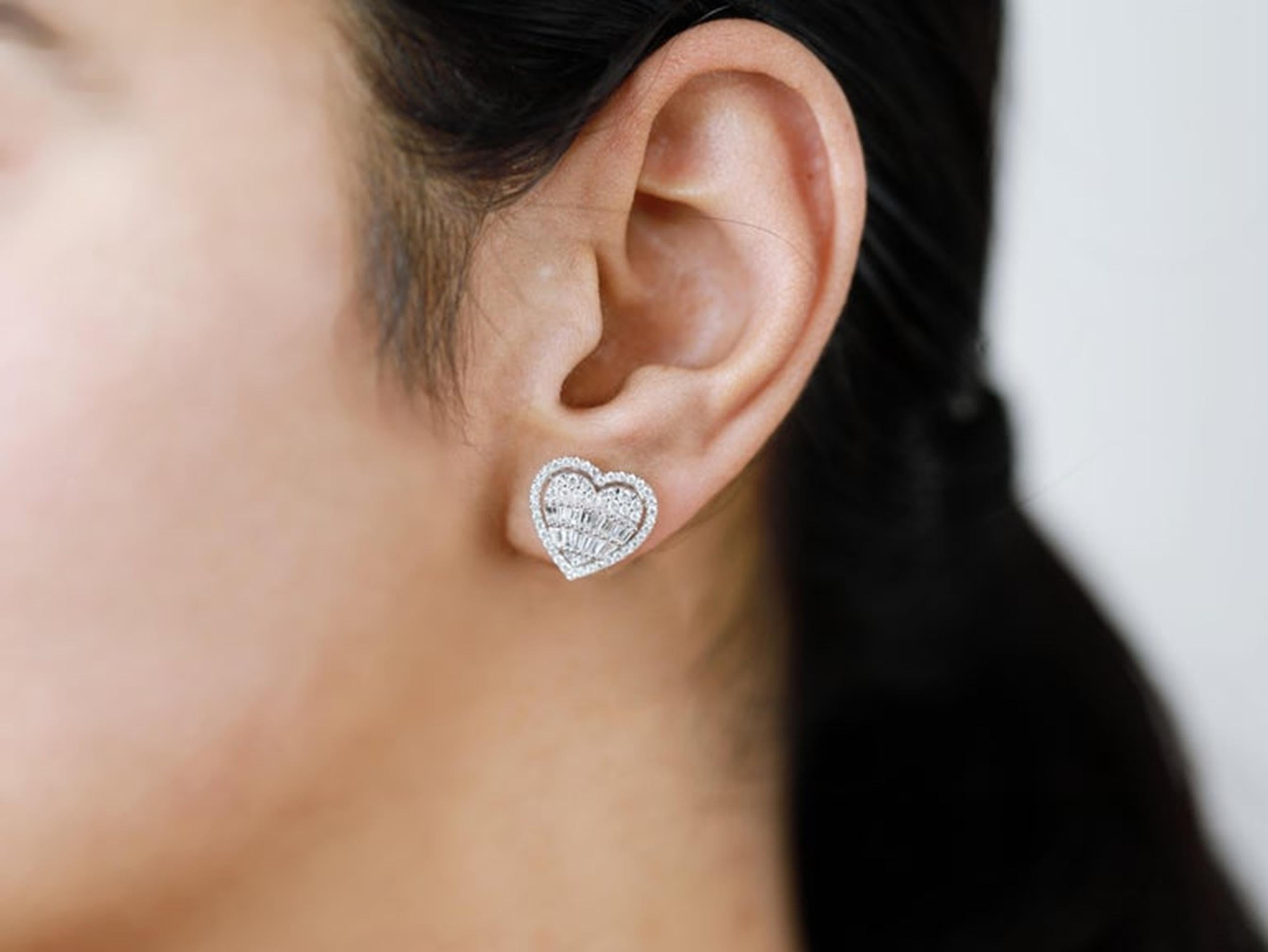 1.0TCW Baguette Diamond Halo Stud Earrings in 18K White Gold — Art Deco Elegance For Sale 3