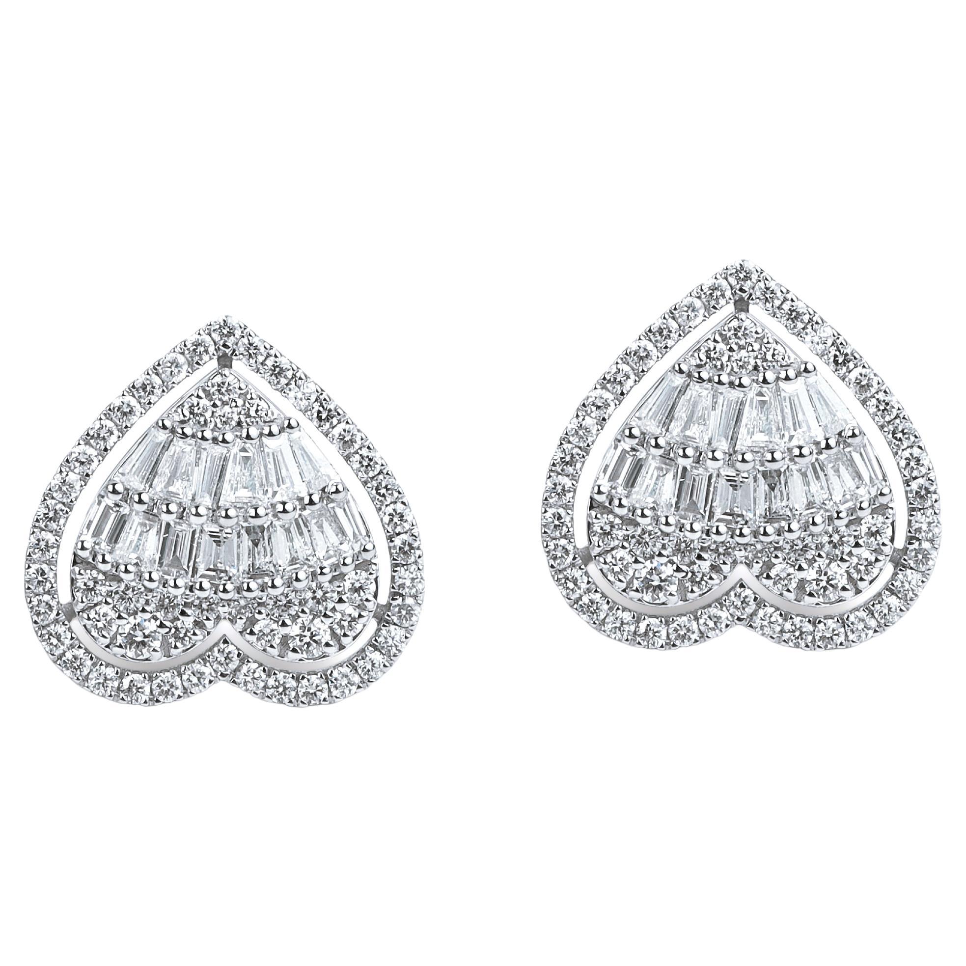 1.0TCW Baguette Diamond Halo Stud Earrings in 18K White Gold — Art Deco Elegance