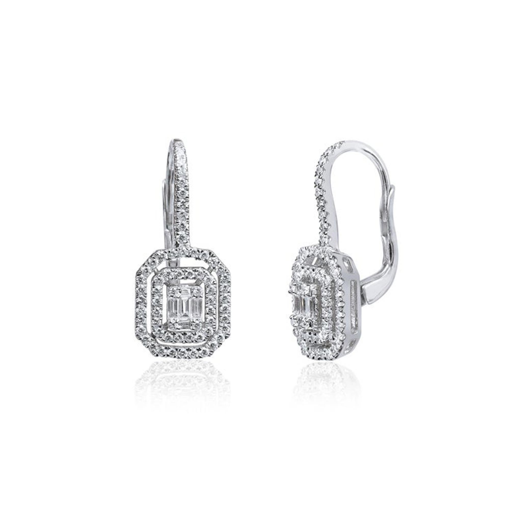 1,0 tcw Double Halo Baguette Diamant Ohrringe in 18K Weißgold - Art Deco Damen im Angebot