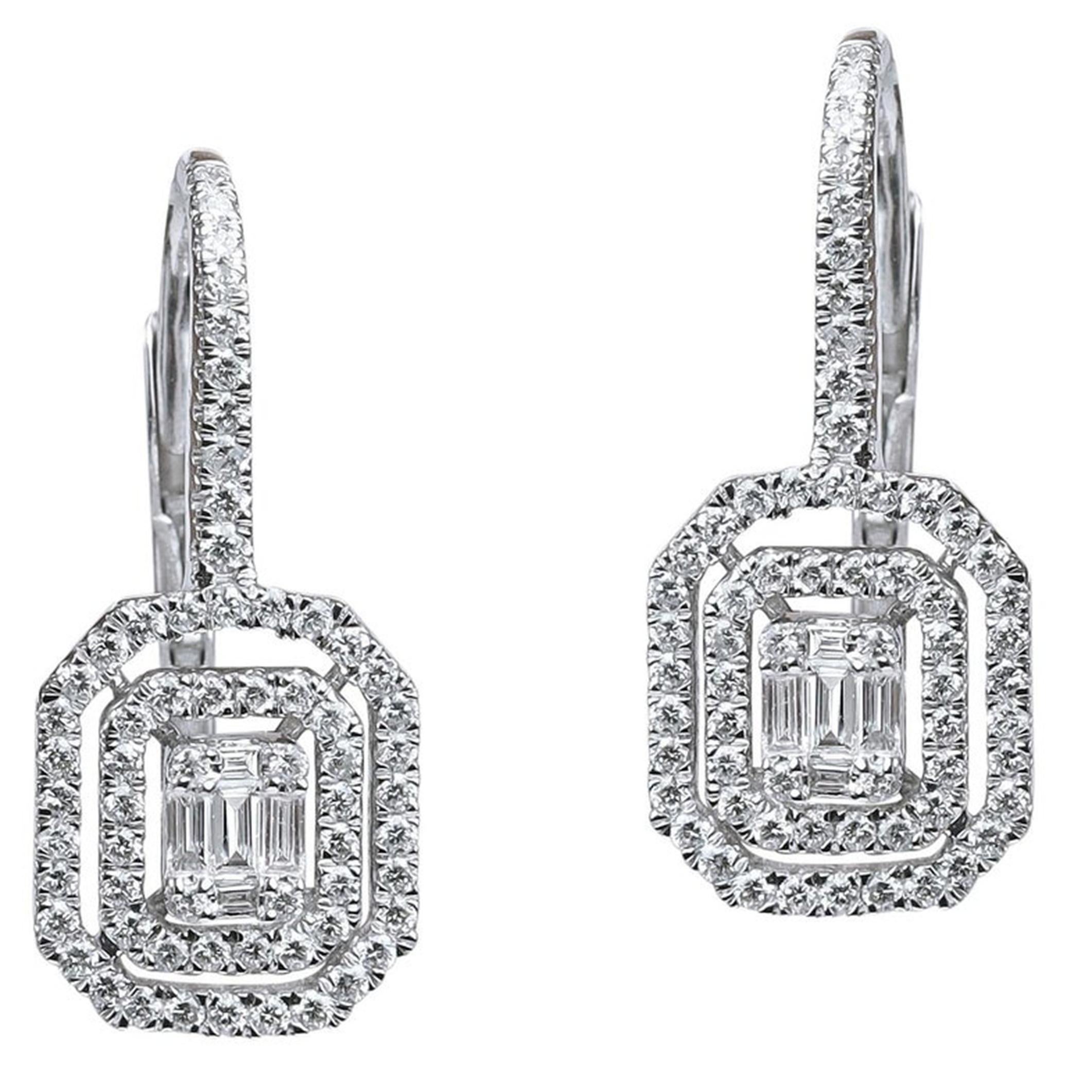 1,0 tcw Double Halo Baguette Diamant Ohrringe in 18K Weißgold - Art Deco im Angebot 1