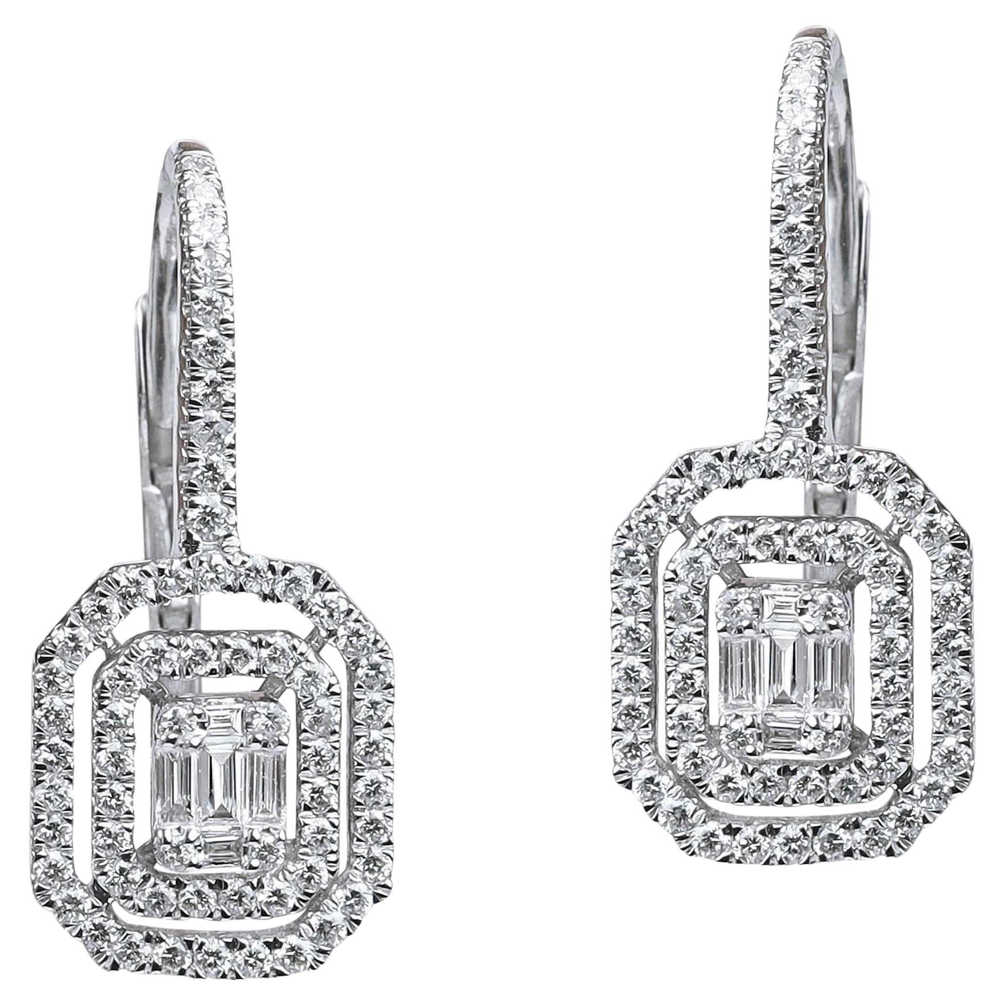 1,0 tcw Double Halo Baguette Diamant Ohrringe in 18K Weißgold - Art Deco