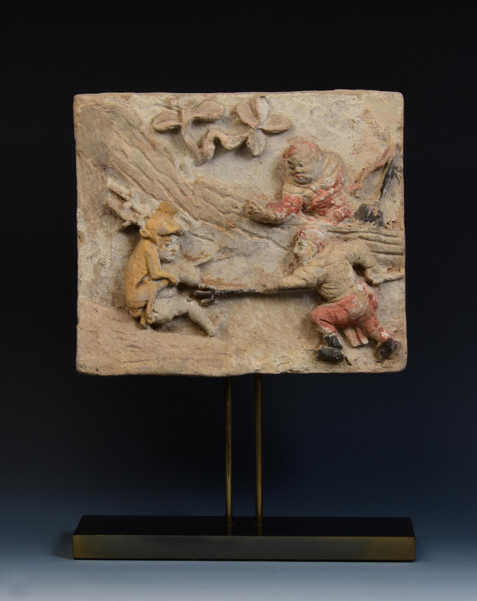 10th - 12th C., Song Dynasty, Antique Chinese Painted Pottery Panel with Figures in vendita 7