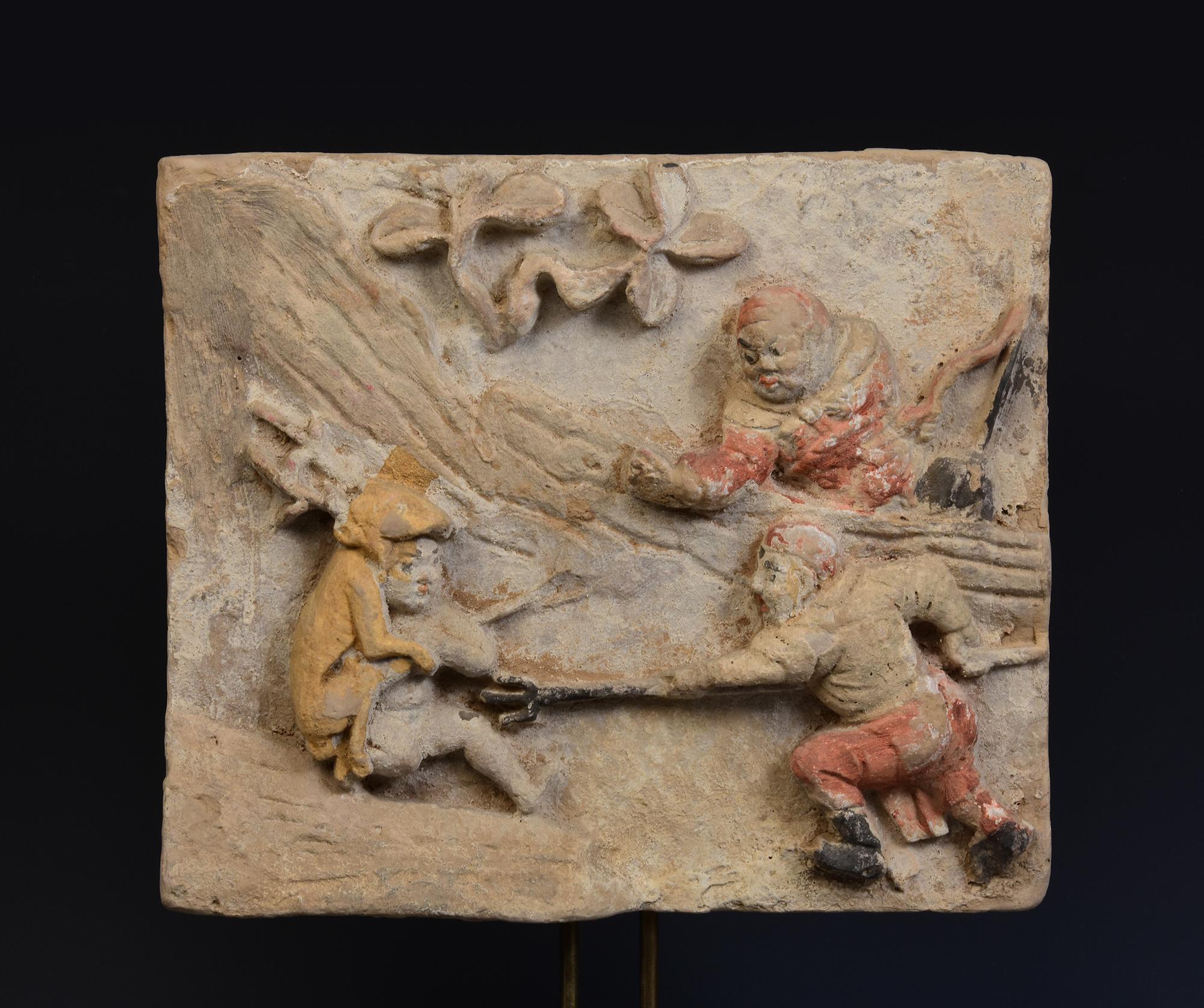 Cinese 10th - 12th C., Song Dynasty, Antique Chinese Painted Pottery Panel with Figures in vendita