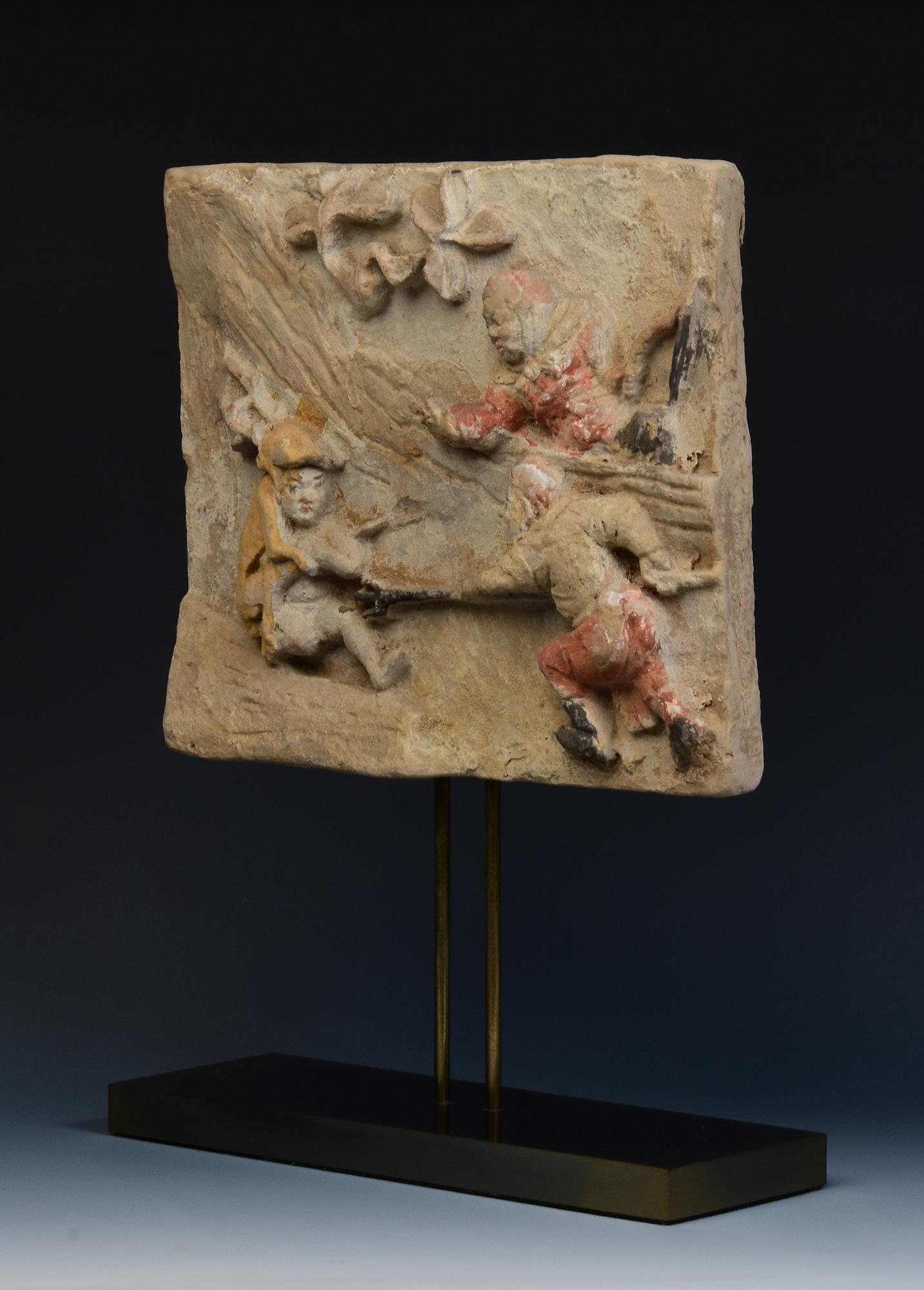 10th - 12th C., Song Dynasty, Antique Chinese Painted Pottery Panel with Figures in vendita 2