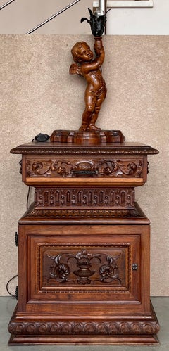 19th Pair of Italian Hand Carved Walnut Monumental Nightstands with Lamp