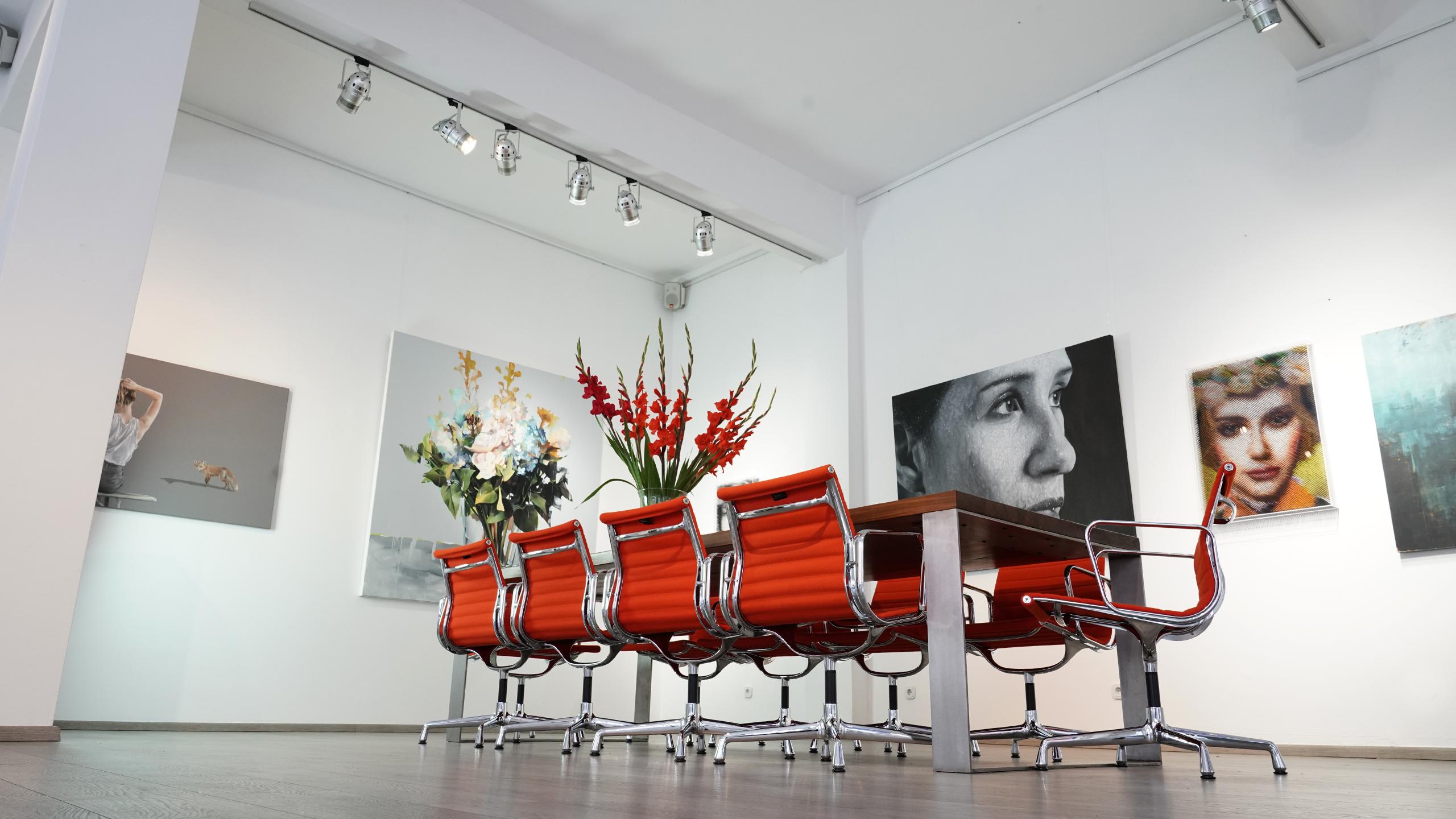 German 10x Charles Eames Chair EA 108 by Vitra, in Poppy Red and Chrome  Set of 10