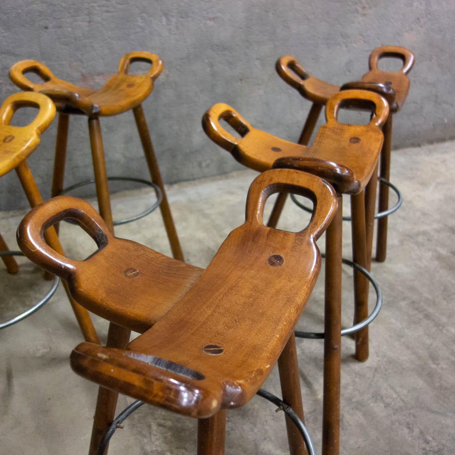 Wood 10x Midcentury Brutalist Spanish Bar Stool, Sergio Roderigues Style, Marbella For Sale