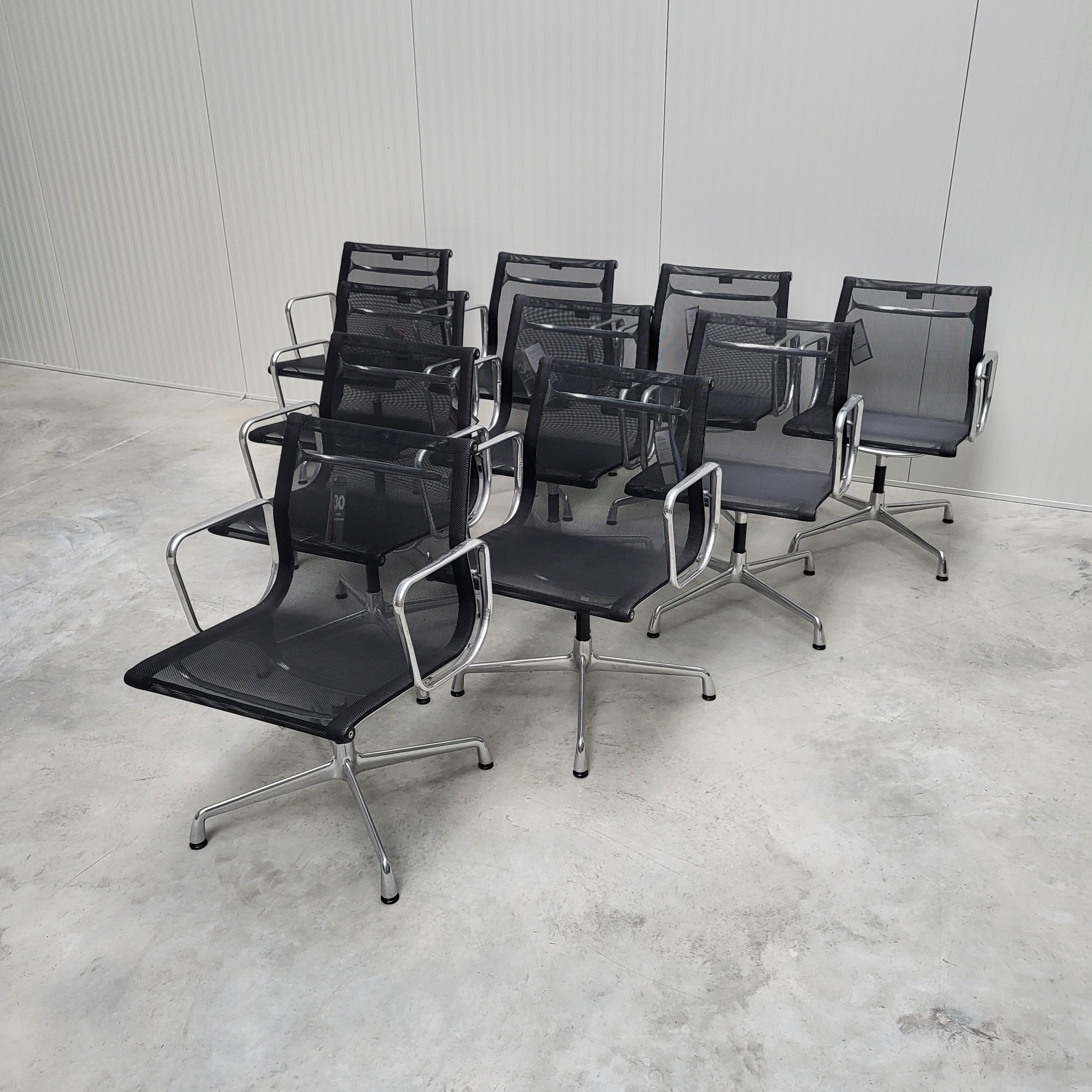 Nice set of 10 black netweave chairs model EA108 produced by Vitra. The chairs features a polished aluminium frame and are all made in 2015.

The set is perfect useable in a dining or conference room.
The new retail price for a single chair is