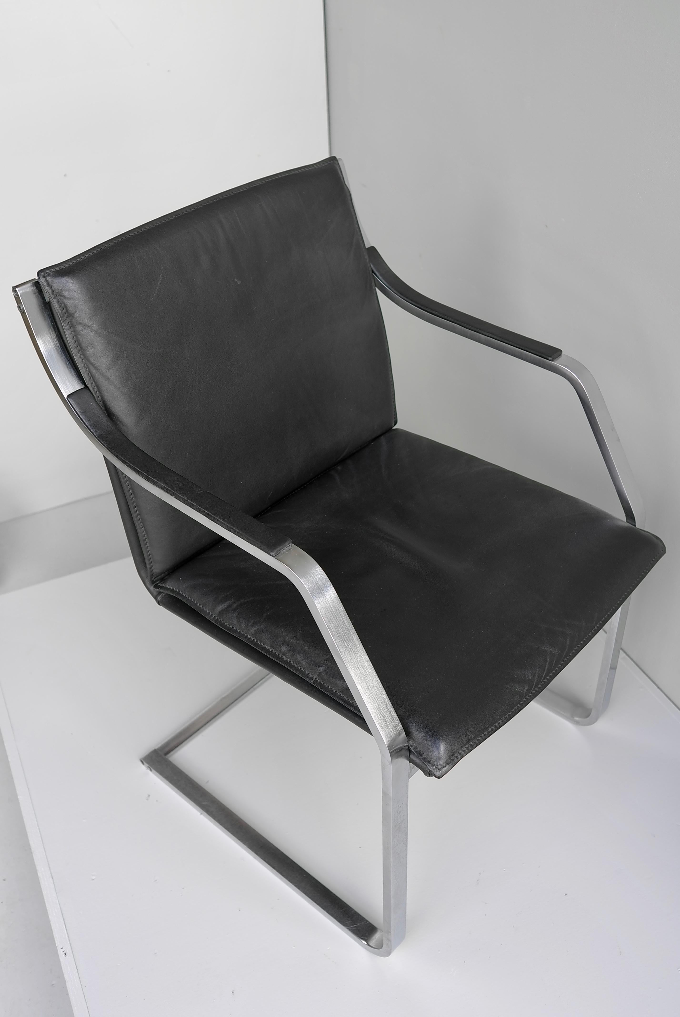 Mid-Century Modern 6x Walter Knoll Black Leather & Stainless Steel Office Chairs Rudolf B.Glatzel