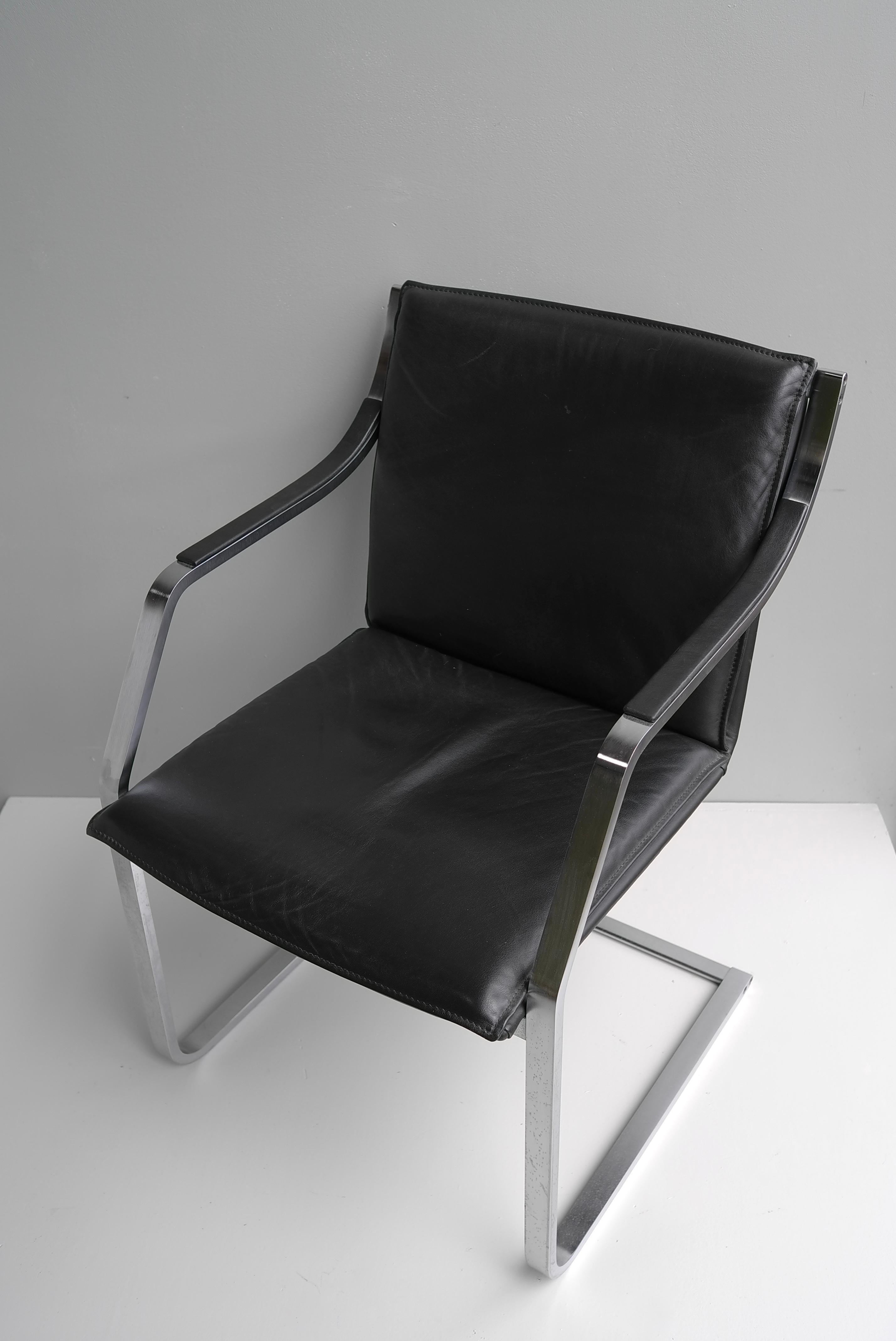 German 6x Walter Knoll Black Leather & Stainless Steel Office Chairs Rudolf B.Glatzel