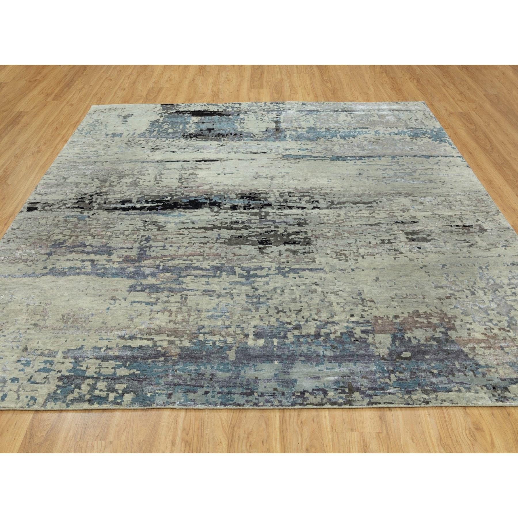 Moderne 10'x10' Abstract Design Silver-Blue Tapis en laine et soie à poils longs noué à la main en vente